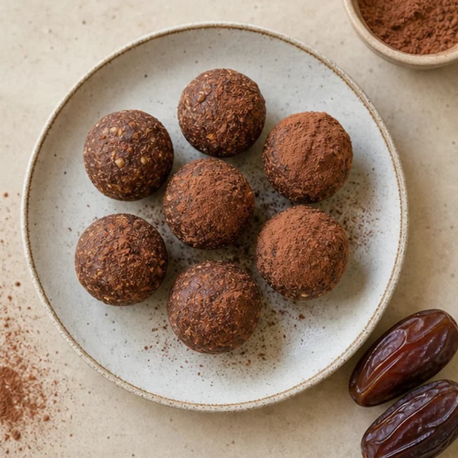 Cocoa Medjool date snack bites on a ceramic plate