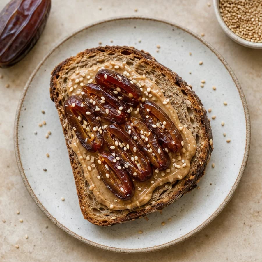 Whole-grain toast with nut butter and sliced Medjool dates