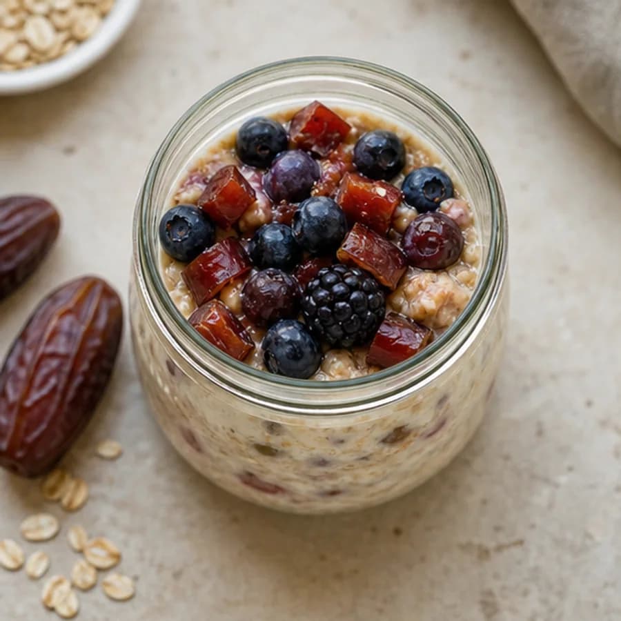 Jar of overnight oats with berries and chopped Medjool dates