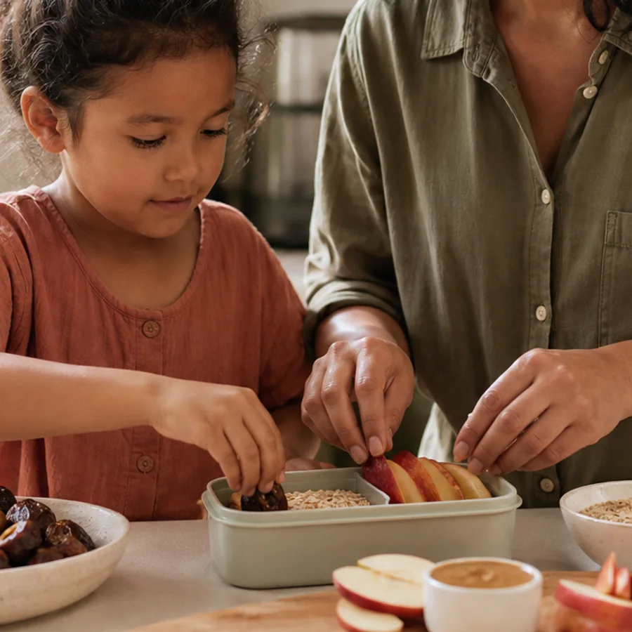 Parent and child preparing a lunchbox with dates and sliced fruit