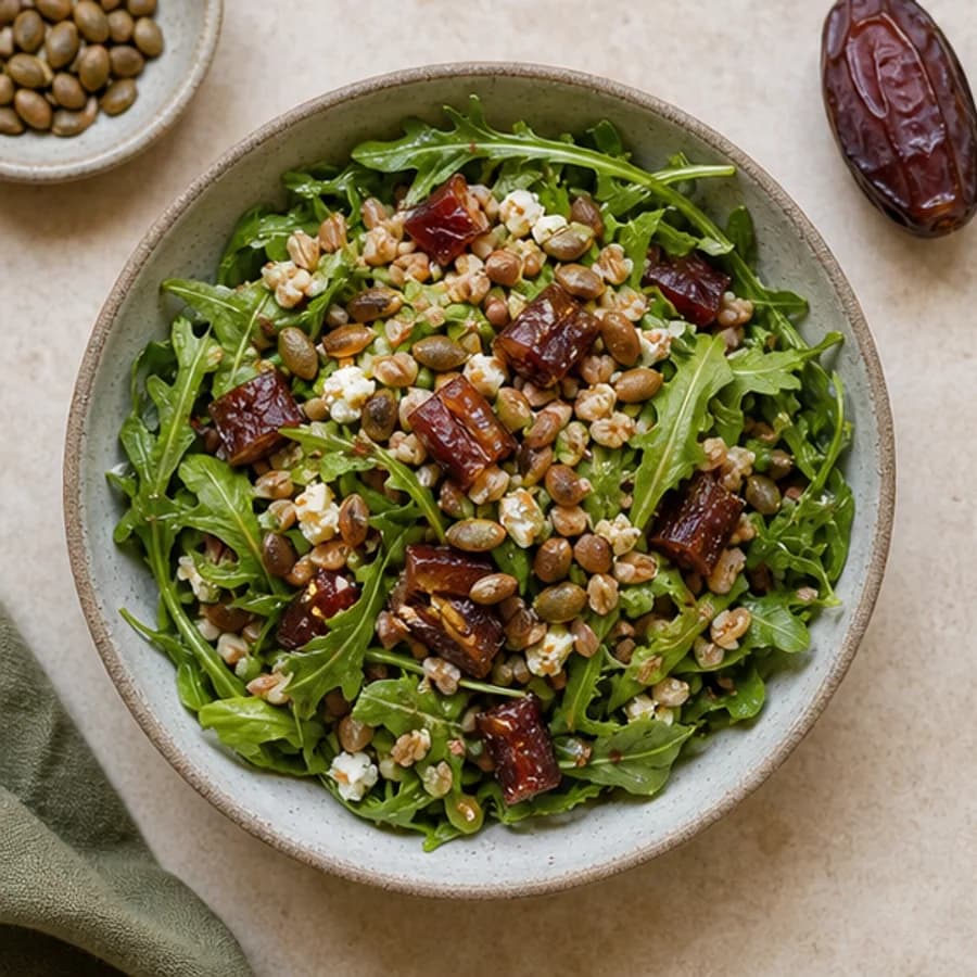 Green salad topped with chopped Medjool dates and toasted seeds