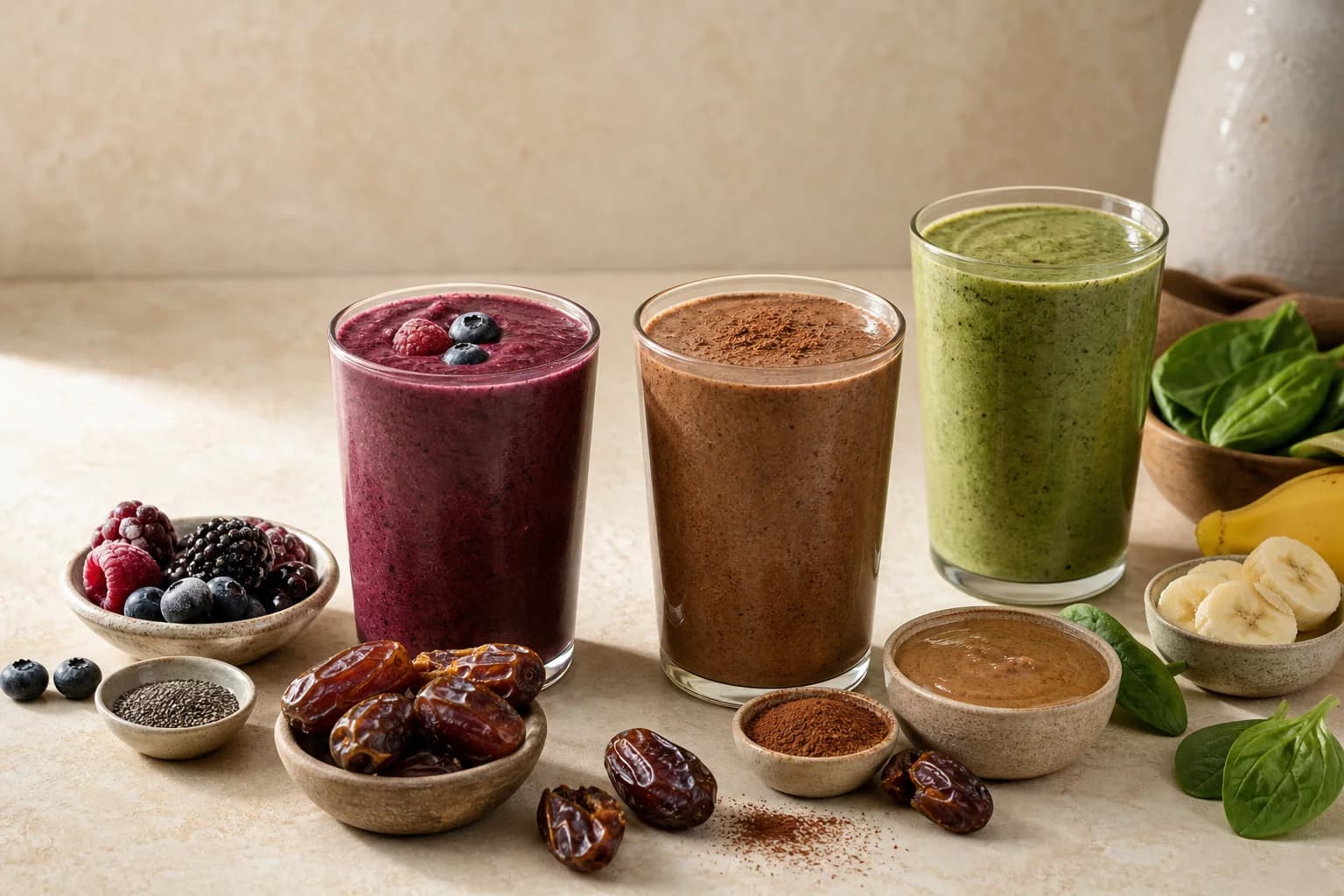 Three homemade smoothies made with dates and natural ingredients