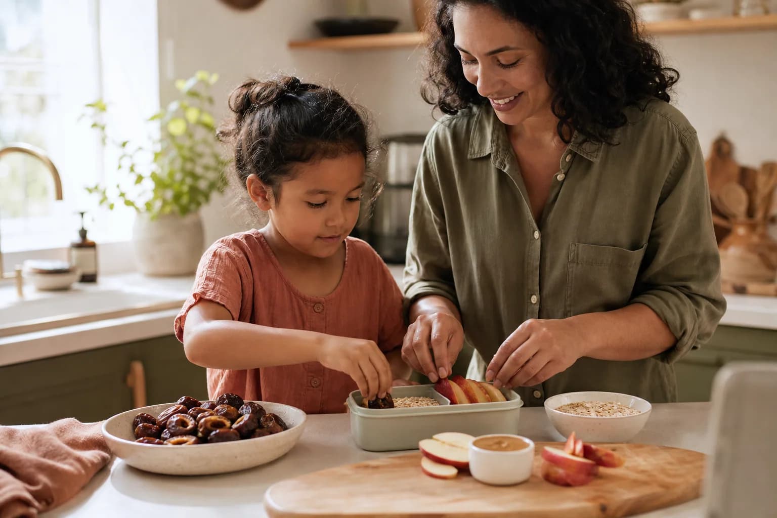 A parent and child preparing a date snack box
