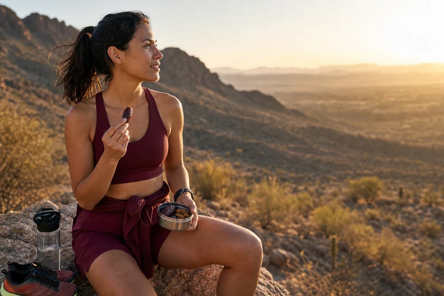 An athlete enjoying a Medjool date during a golden-hour trail break