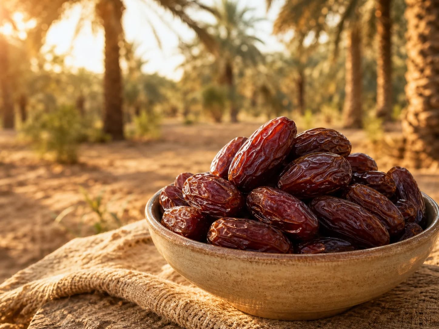 A bowl of glossy Medjool dates in a sunlit palm grove