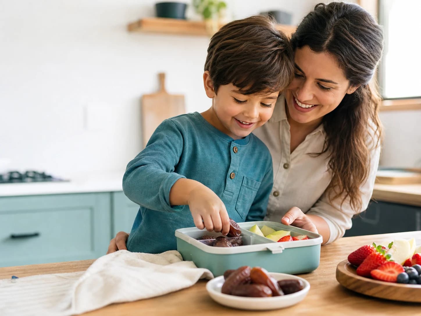 A parent and child preparing dates in a lunchbox