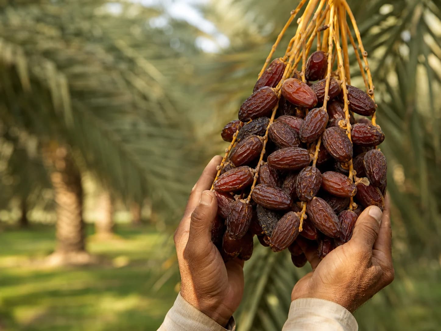 Hands holding a ripe cluster of Medjool dates during harvest