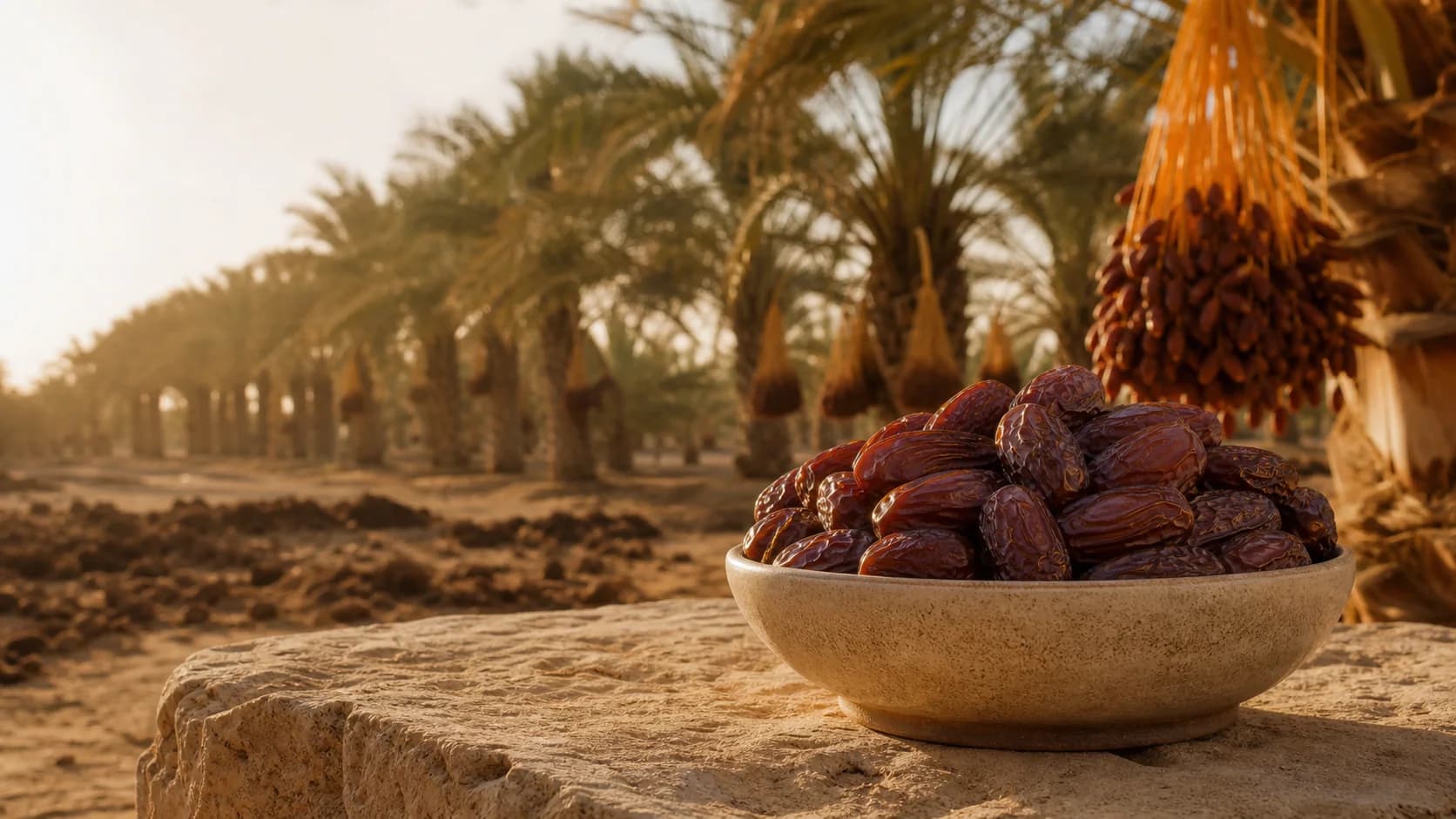 Premium Medjool dates in a ceramic bowl beside sunlit date palms