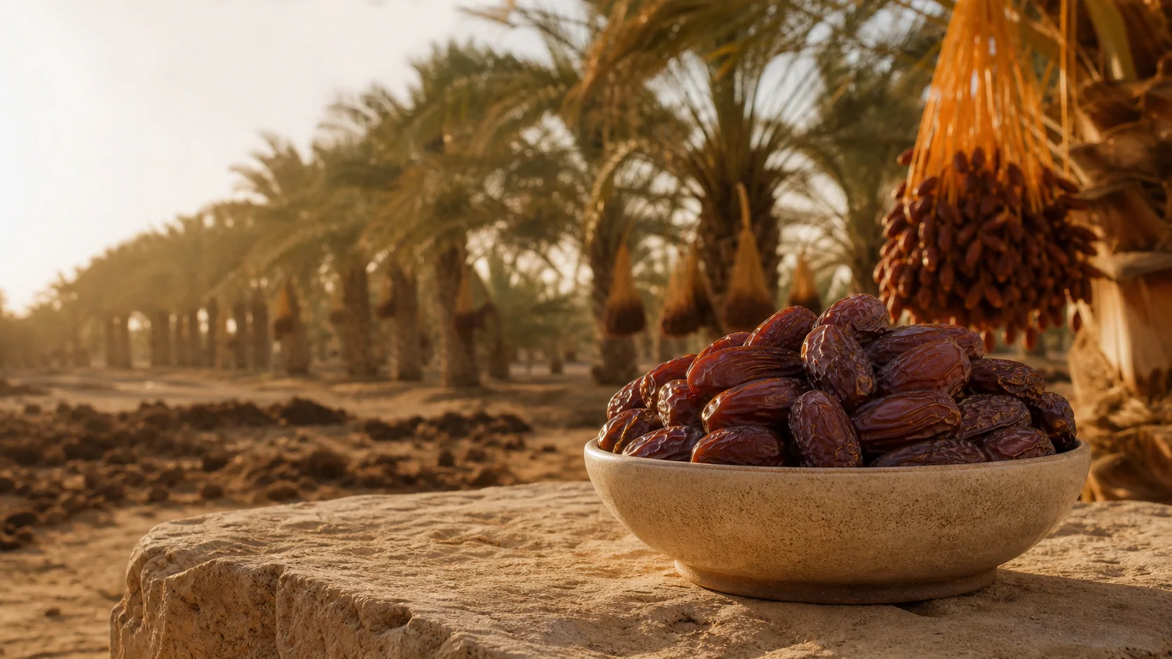 A bowl of premium Medjool dates in a sunlit date palm grove