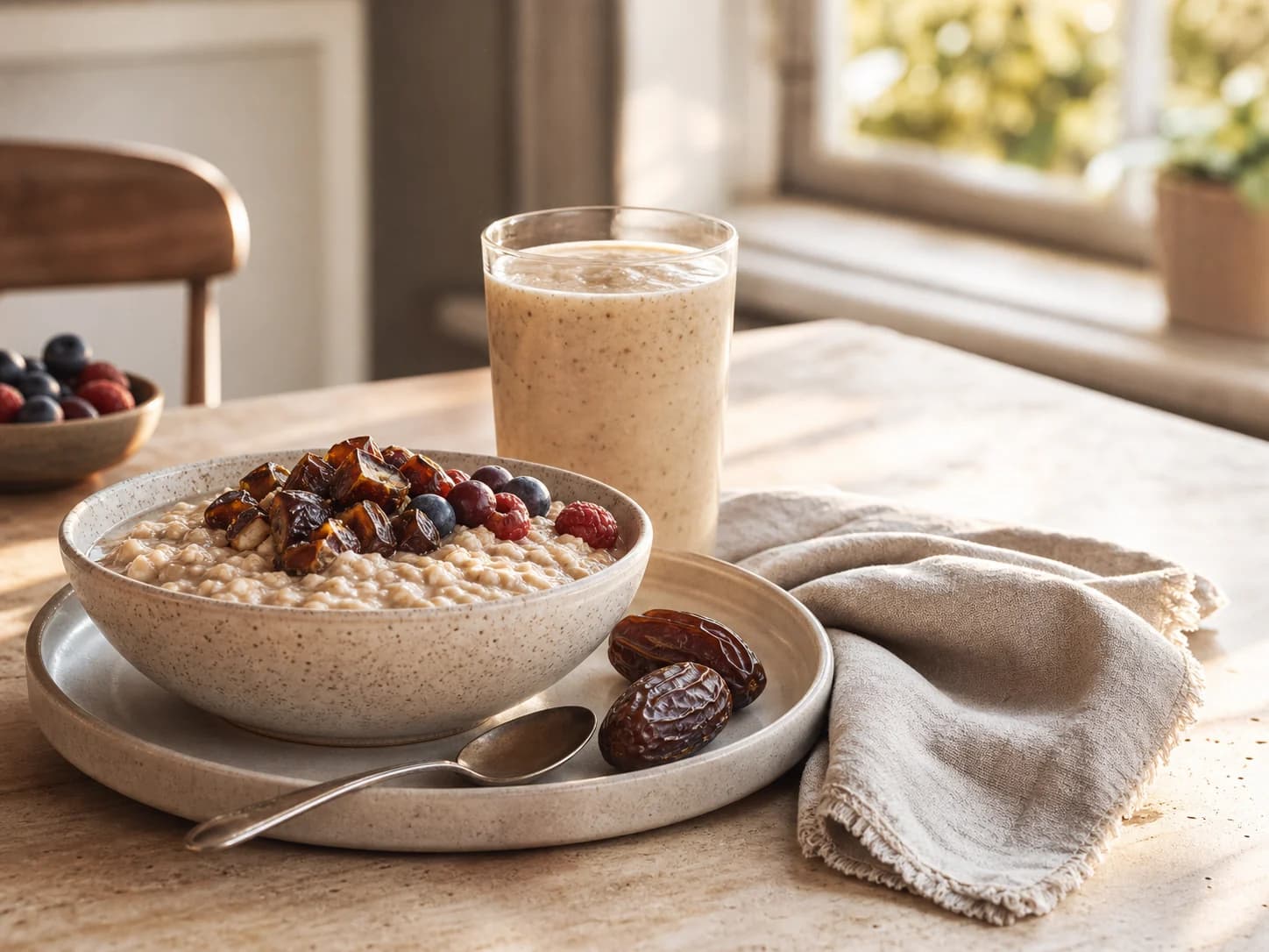 A breakfast bowl topped with Medjool dates beside a morning smoothie