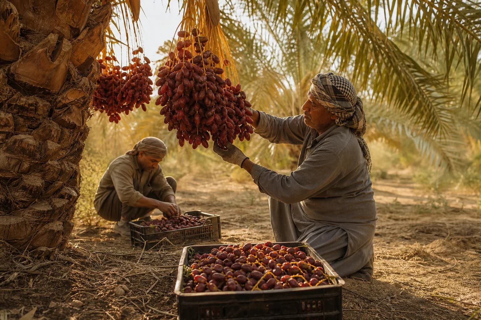 Date clusters being harvested from a palm