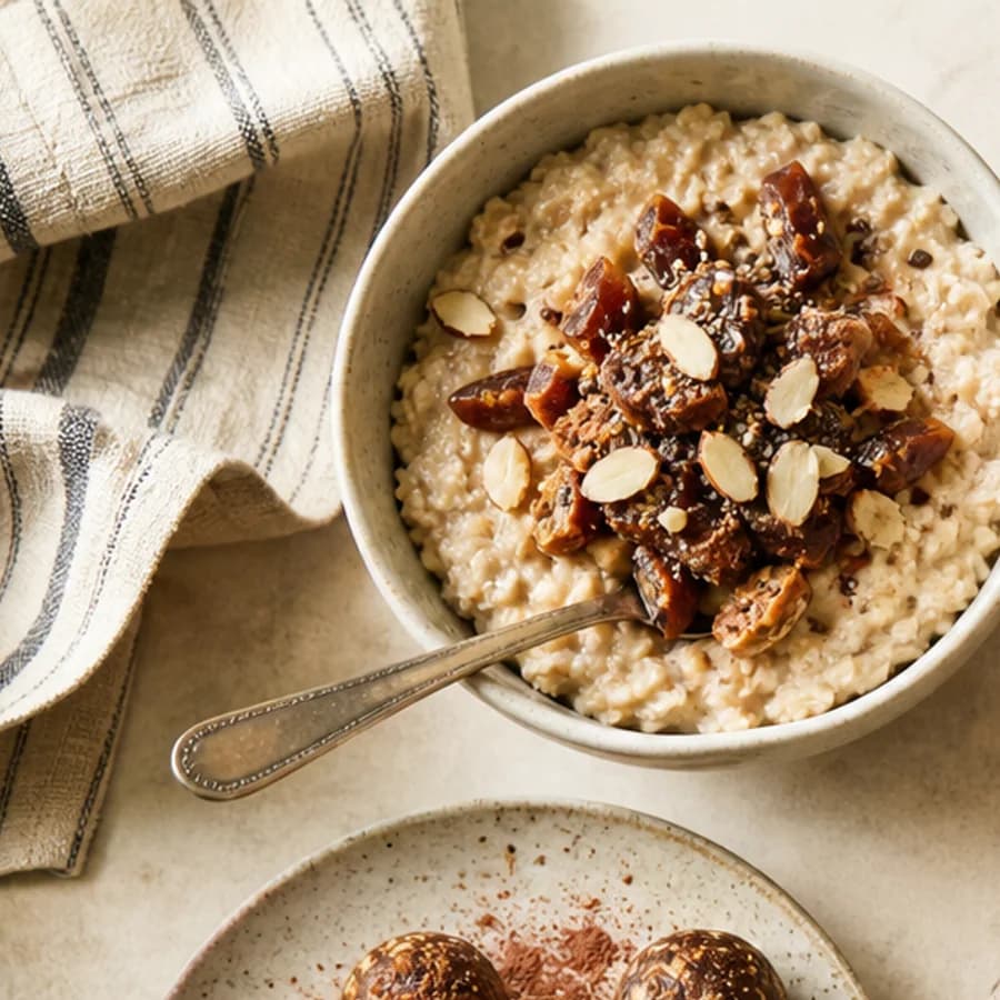 Oat breakfast bowl topped with chopped Medjool dates and berries