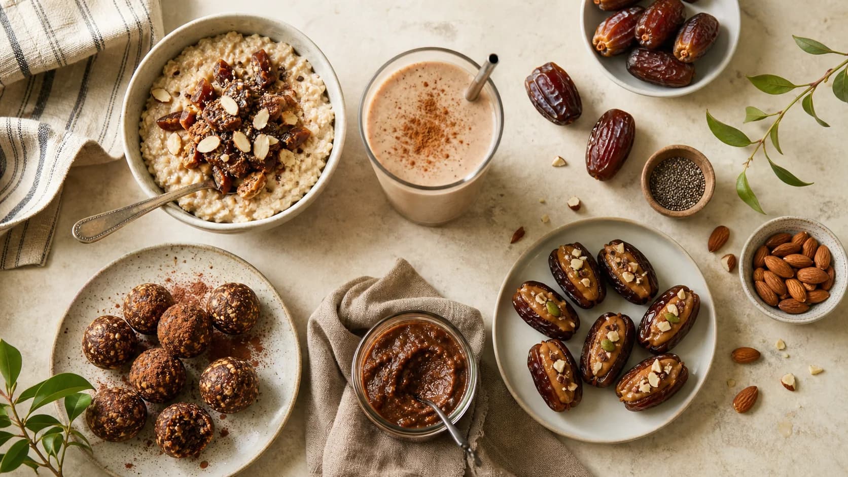 A breakfast bowl, smoothie, energy bites and stuffed Medjool dates