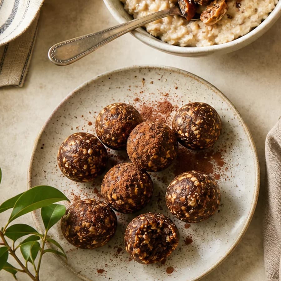 Homemade Medjool date energy bites dusted with cacao