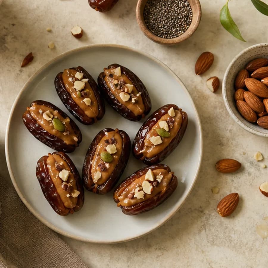 Medjool dates stuffed with seed butter and toasted seeds