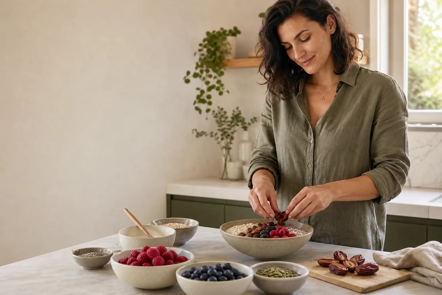A balanced breakfast prepared with fruit, oats and Medjool dates